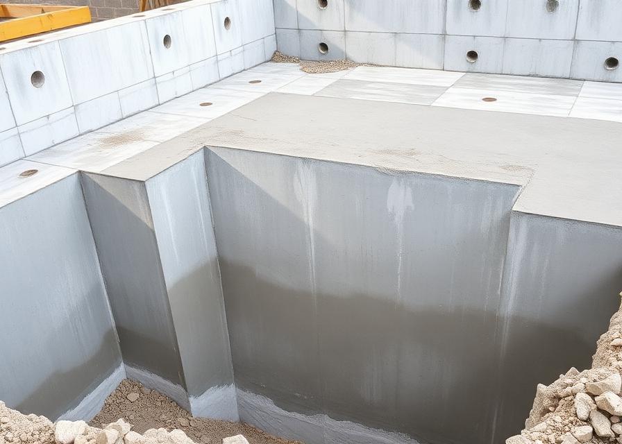 Fondations en béton coulé sur un chantier