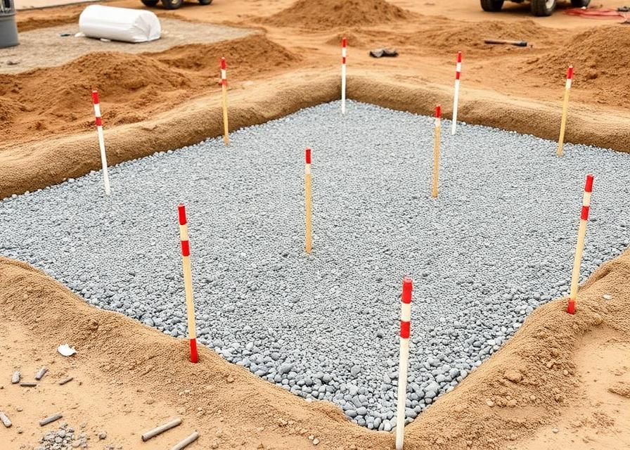 Chantier préparé avec base de gravier compactée